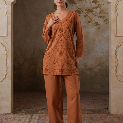 Qazmi Women's Kashmiri Aari Embroidered Cotton Linen V-Neck CoOrd Set