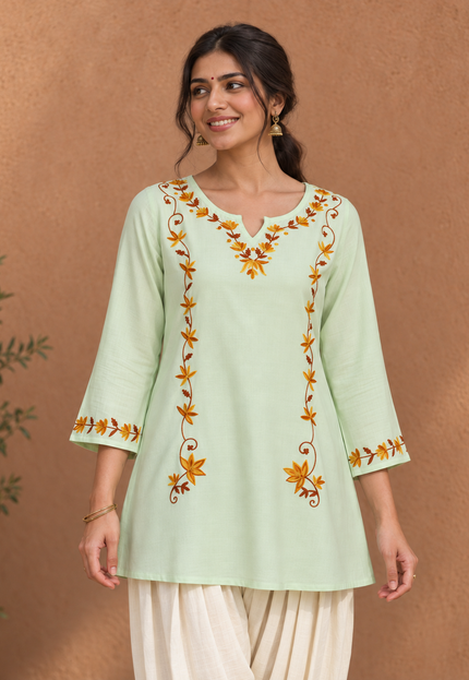 Qazmi Women Kashmiri Aari Embroidered A-Line Viscose Rayon Short Kurti with Full Sleeves