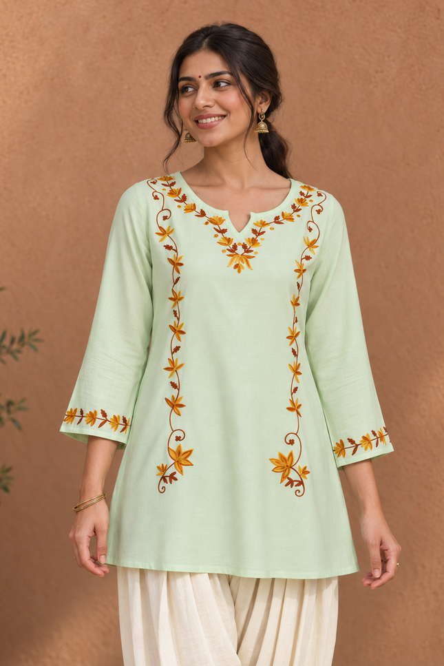 Qazmi Women Kashmiri Aari Embroidered A-Line Viscose Rayon Short Kurti with Full Sleeves