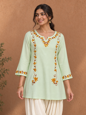 Qazmi Women Kashmiri Aari Embroidered A-Line Viscose Rayon Short Kurti with Full Sleeves