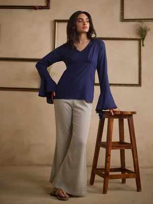 Qazmi Women Navy Blue V-Neck Bell Sleeves Kurti & Striped Trousers Y2K Set