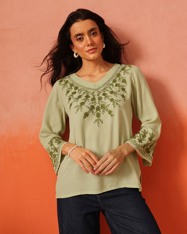 Qazmi Women's Sarah V-Neck Kashmiri Aari Work Full Sleeves Kurti