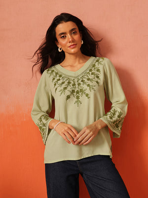 Qazmi Women's Sarah V-Neck Kashmiri Aari Work Full Sleeves Kurti