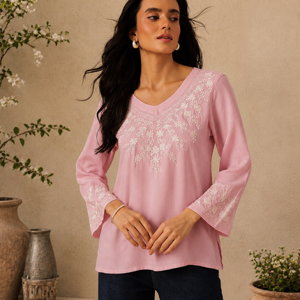 Qazmi Women's Sarah V-Neck Kashmiri Aari Work Full Sleeves Kurti