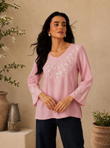Qazmi Women's Sarah V-Neck Kashmiri Aari Work Full Sleeves Kurti