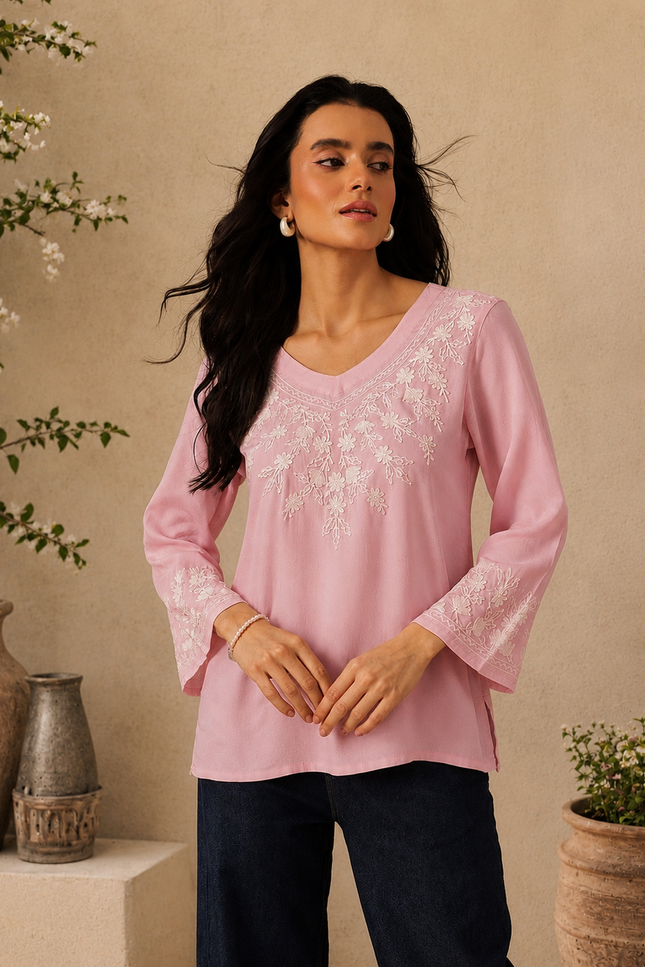 Qazmi Women's Sarah V-Neck Kashmiri Aari Work Full Sleeves Kurti