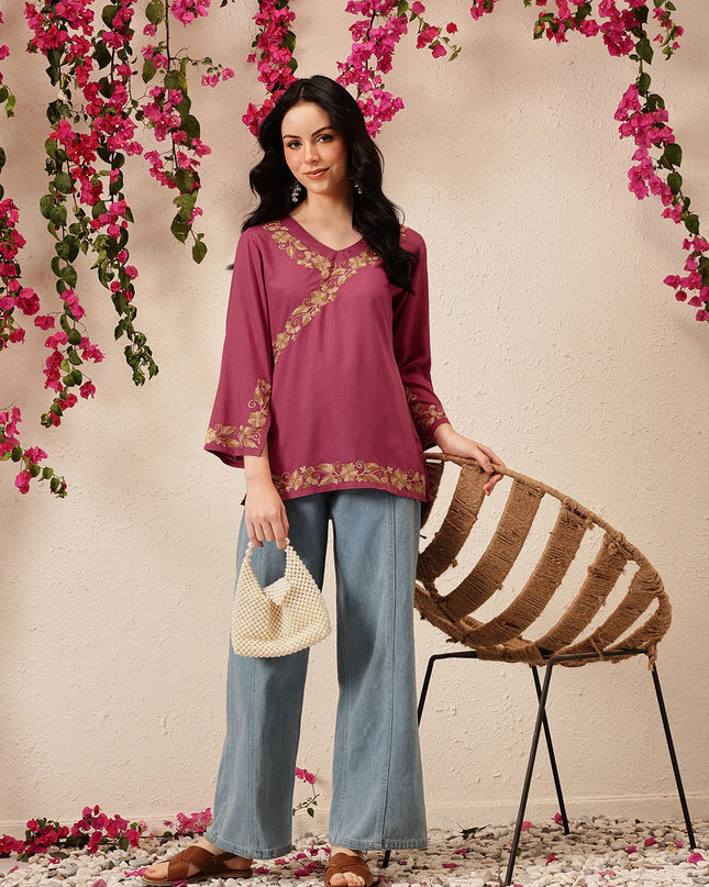 Qazmi Women's Jina V-Neck Kashmiri Aari Work Full Sleeves Kurti