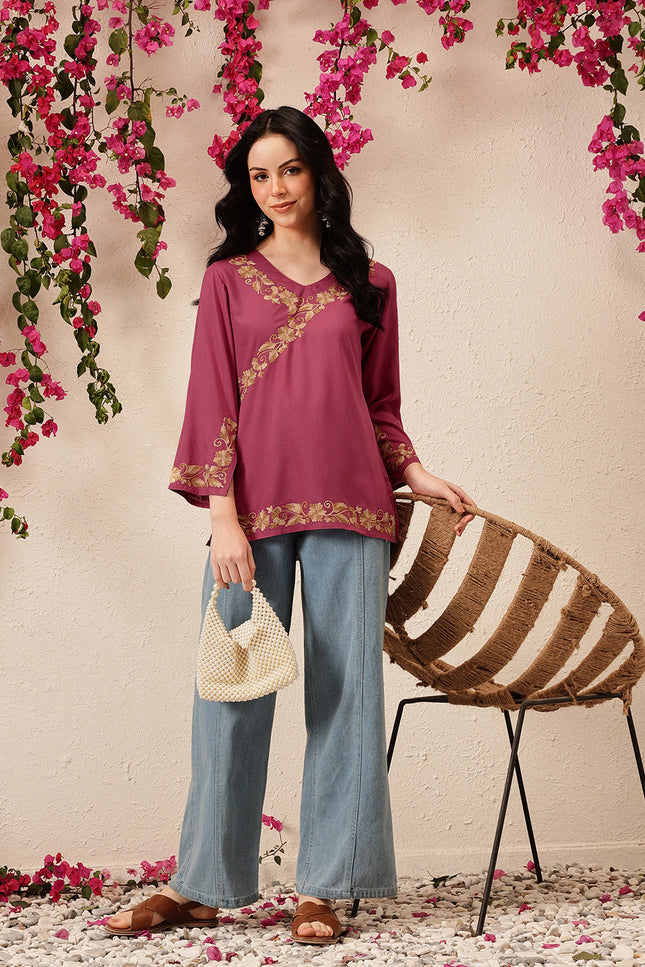 Qazmi Women's Jina V-Neck Kashmiri Aari Work Full Sleeves Kurti