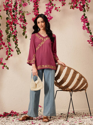 Qazmi Women's Jina V-Neck Kashmiri Aari Work Full Sleeves Kurti