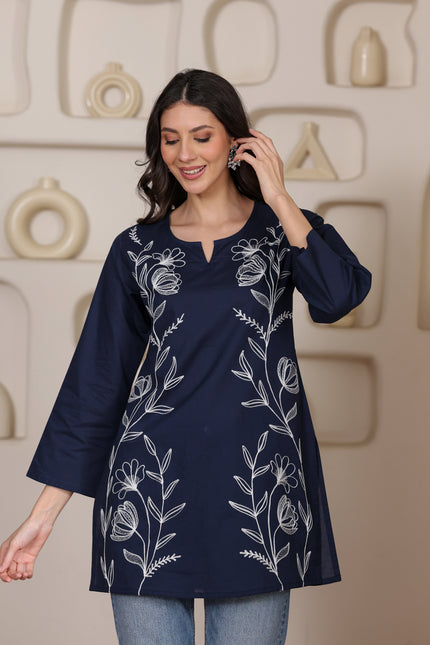 Qazmi Women's Aari Embroidered Pure Cotton Short Kurta