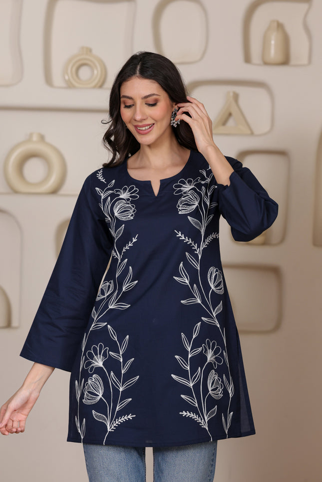 Qazmi Women's Aari Embroidered Pure Cotton Short Kurta