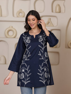 Qazmi Women's Aari Embroidered Pure Cotton Short Kurta