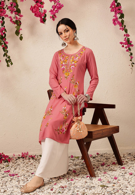 Qazmi Women's Sahar Kashmiri Aari Work Straight Kurta