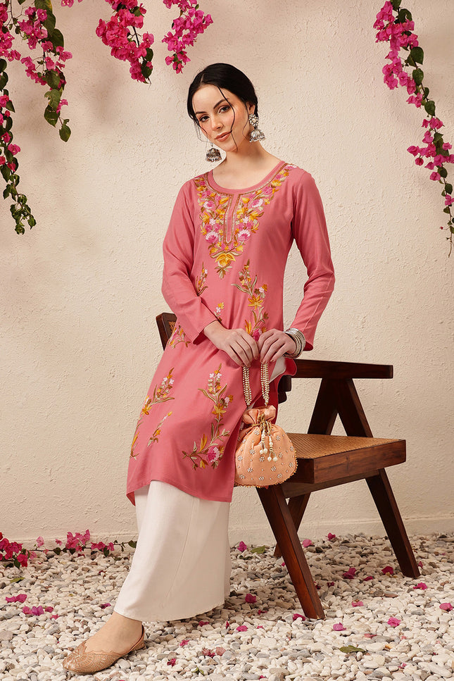 Qazmi Women's Sahar Kashmiri Aari Work Straight Kurta