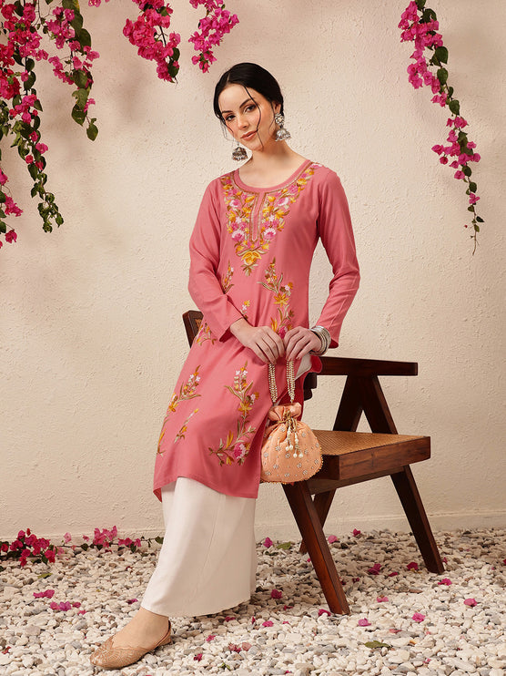 Qazmi Women's Sahar Kashmiri Aari Work Straight Kurta