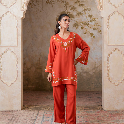 Qazmi Women's Aari Work V-Neck Black CoOrd Set