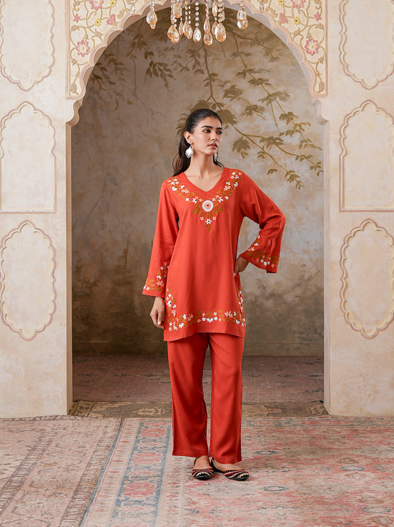 Qazmi Women's Aari Work V-Neck Black CoOrd Set