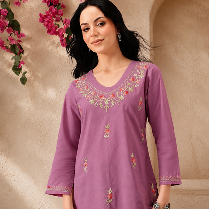 Qazmi Women's Raisa Kashmiri Aari Work V-Neck White Kurti