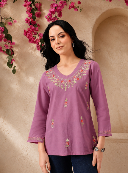 Qazmi Women's Raisa Kashmiri Aari Work V-Neck White Kurti
