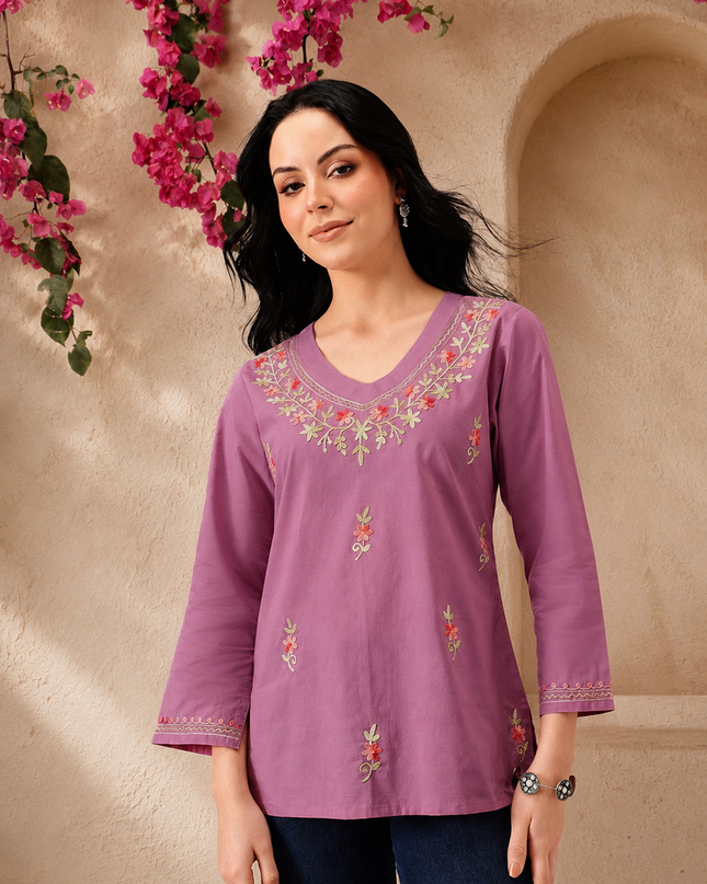 Qazmi Women's Raisa Kashmiri Aari Work V-Neck White Kurti