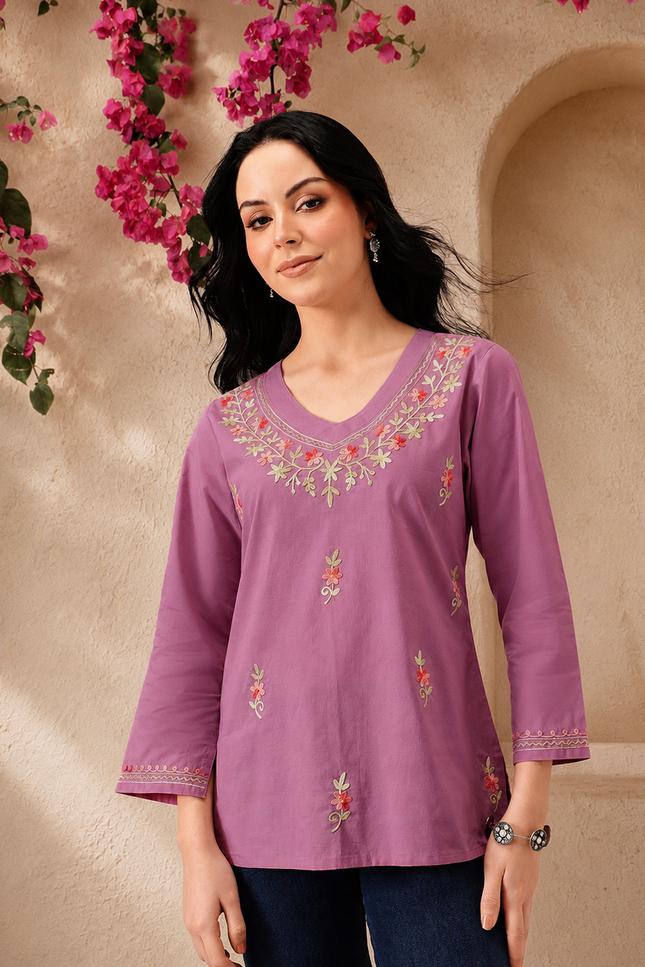 Qazmi Women's Raisa Kashmiri Aari Work V-Neck White Kurti
