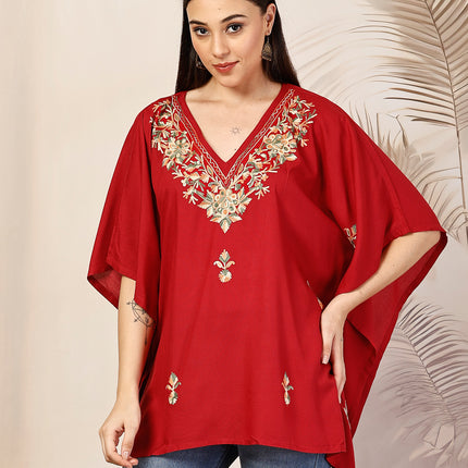 Qazmi Hannah V-Neck Flared Sleeves Aari Work Kaftan Kurti