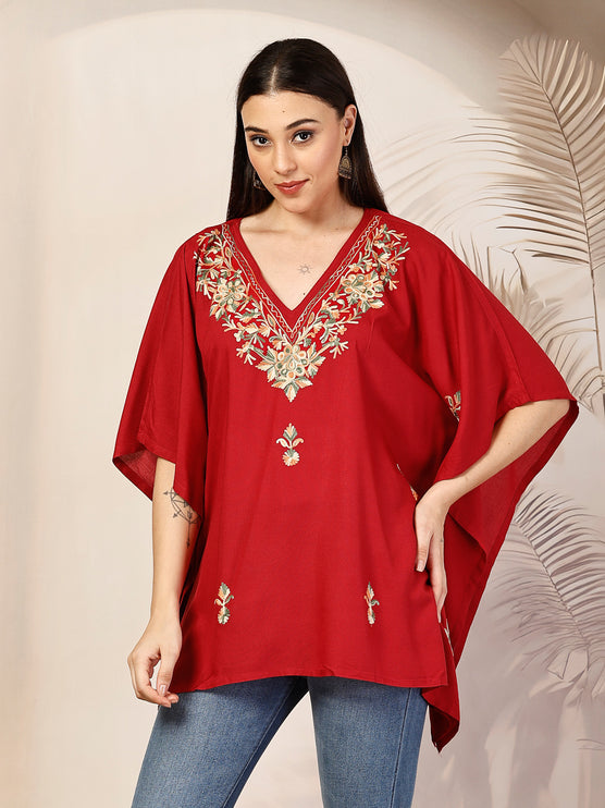 Qazmi Hannah V-Neck Flared Sleeves Aari Work Kaftan Kurti