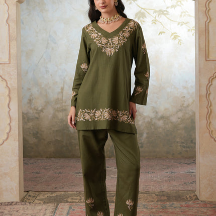 Qazmi Women's Kashmiri Chinarkari Work Olive Green CoOrd Set