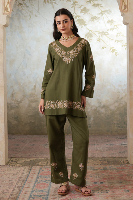 Qazmi Women's Kashmiri Chinarkari Work Olive Green CoOrd Set