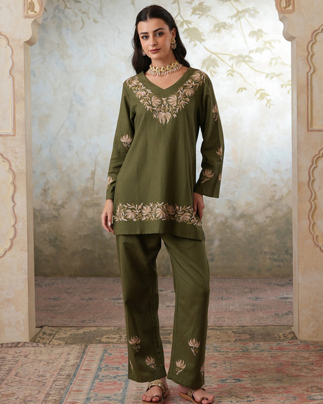 Qazmi Women's Kashmiri Chinarkari Work Olive Green CoOrd Set