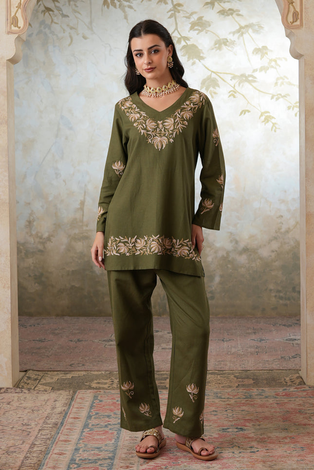 Qazmi Women's Kashmiri Chinarkari Work Olive Green CoOrd Set