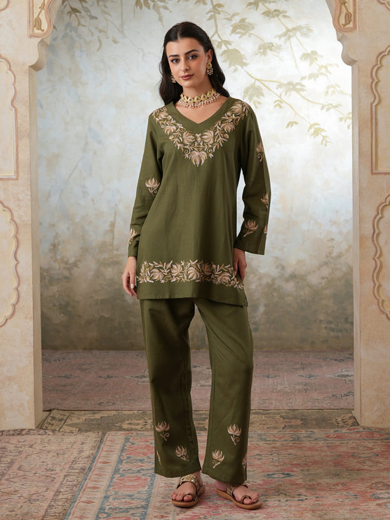 Qazmi Women's Kashmiri Chinarkari Work Olive Green CoOrd Set