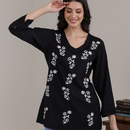 Qazmi Women Kashmiri Aari Embroidered Viscose Rayon Flared Sleeves Short Kurti