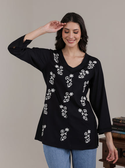 Qazmi Women Kashmiri Aari Embroidered Viscose Rayon Flared Sleeves Short Kurti