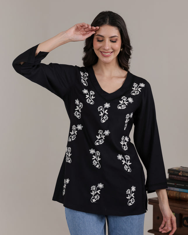 Qazmi Women Kashmiri Aari Embroidered Viscose Rayon Flared Sleeves Short Kurti