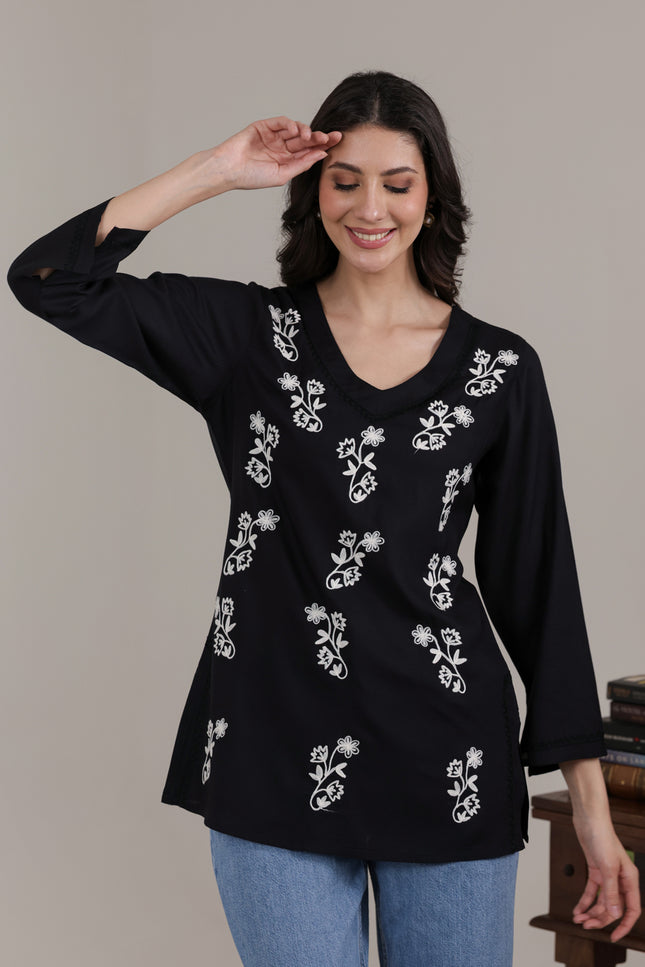 Qazmi Women Kashmiri Aari Embroidered Viscose Rayon Flared Sleeves Short Kurti