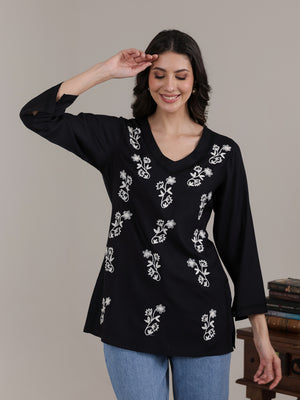 Qazmi Women Kashmiri Aari Embroidered Viscose Rayon Flared Sleeves Short Kurti