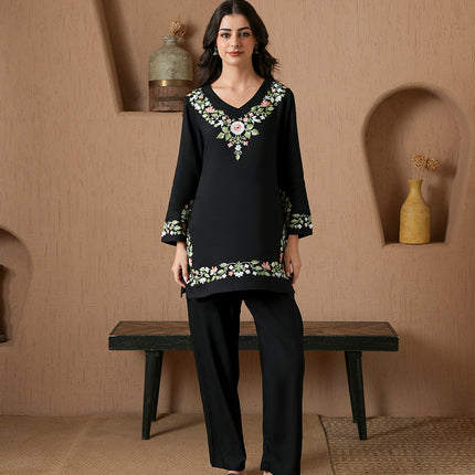 Qazmi Women's Aari Work V-Neck Black CoOrd Set