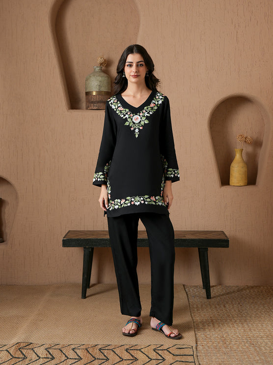 Qazmi Women's Aari Work V-Neck Black CoOrd Set