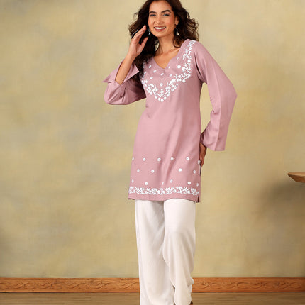 Qazmi Women's Aari Embroidered Viscose Rayon Full Sleeves Straight Kurti