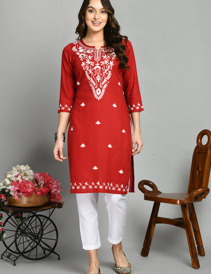 Red Offwhite Boota Aari Long Kurti For Women
