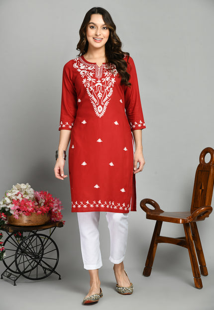 Red Offwhite Boota Aari Long Kurti For Women
