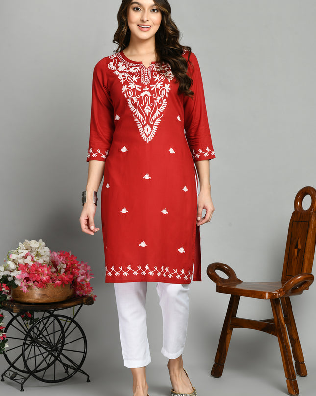 Red Offwhite Boota Aari Long Kurti For Women