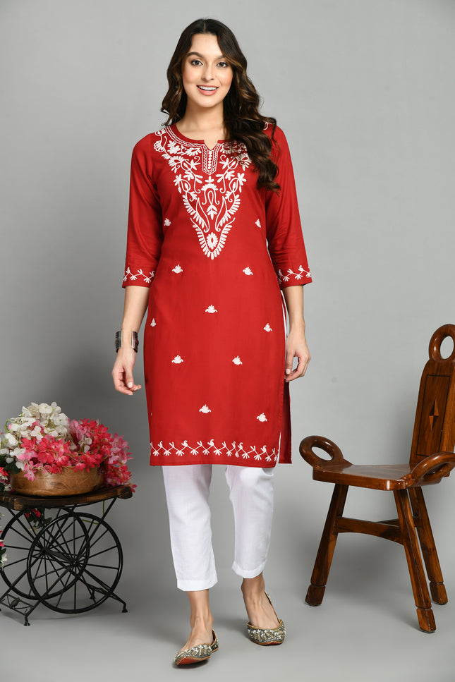 Red Offwhite Boota Aari Long Kurti For Women