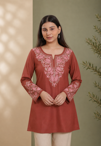 Qazmi Women Aari Embroidered Viscose Rayon A-Line Short Kurti with Full Sleeves