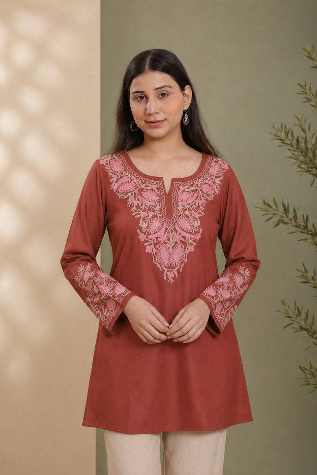 Qazmi Women Aari Embroidered Viscose Rayon A-Line Short Kurti with Full Sleeves