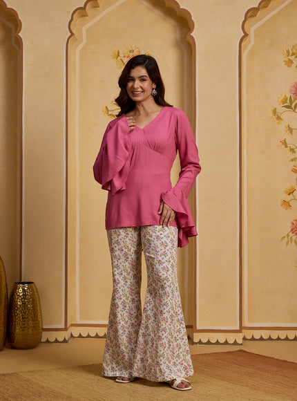 Qazmi Women Pink V-Neck Bell Sleeves Kurti & Striped Trousers Y2K Set 1