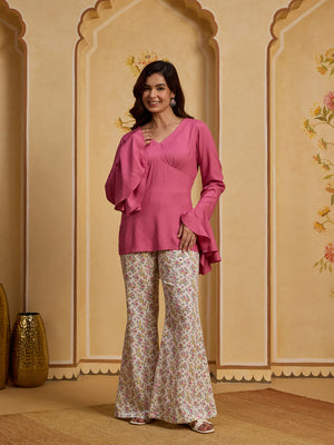 Qazmi Women Pink V-Neck Bell Sleeves Kurti & Striped Trousers Y2K Set