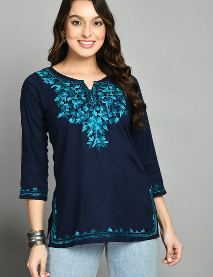 Blue Rama Green Aari Short Kurti For Women