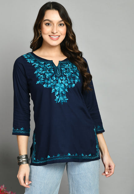 Blue Rama Green Aari Short Kurti For Women